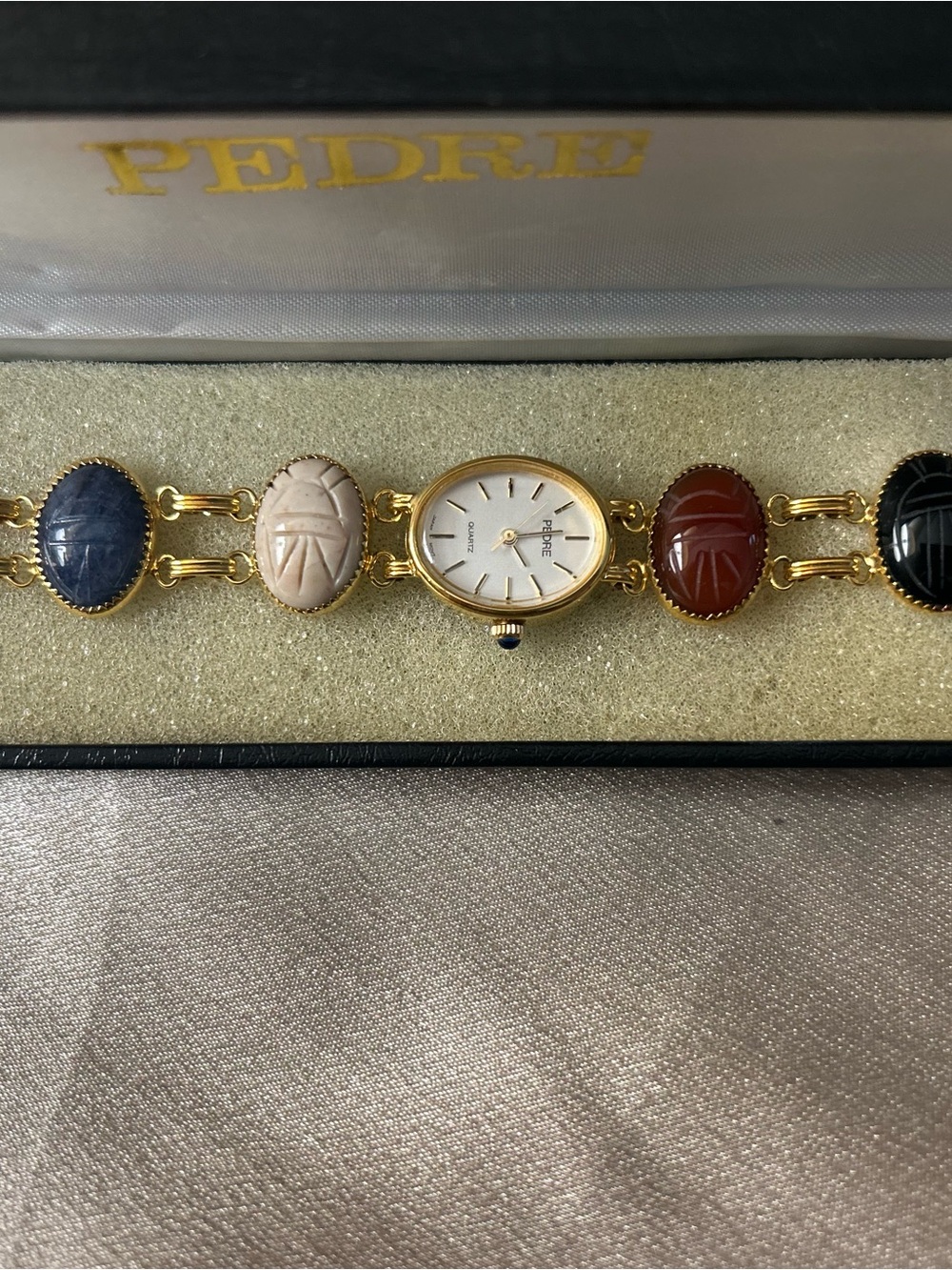 Pedre Women's Gold-Tone Multicolor Scarab Link Watch- Egyptian Good Luck Watch